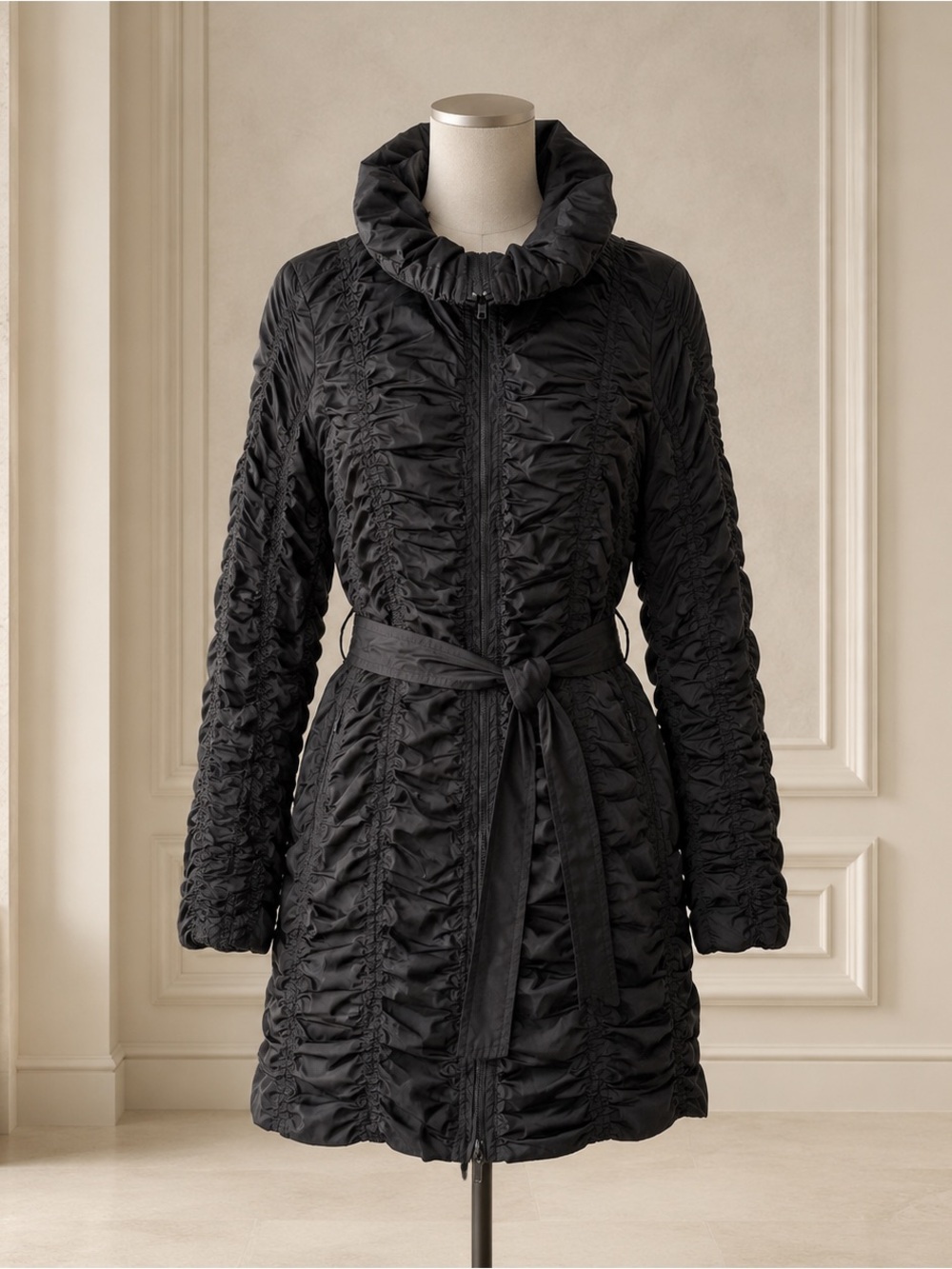 Linea Domani Black Ruched Belted High Collar Trench Coat Size M